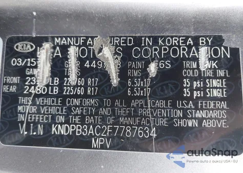 2015 Kia Sportage Lx z USA, uszkodzony, nr VIN KNDPB3AC2F7787634